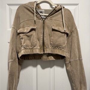 Urban Outfitters Yogi Cropped Zip Hoodie Taupe Brown Size S